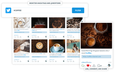 SmarterQueue is a social media monitoring tool, to help you track mentions and hashtags, and engage or share relevant content