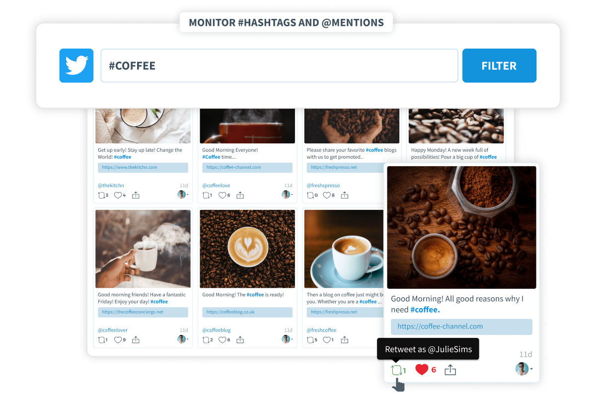 With social listening, you can setup streams to monitor brand or industry keywords and more