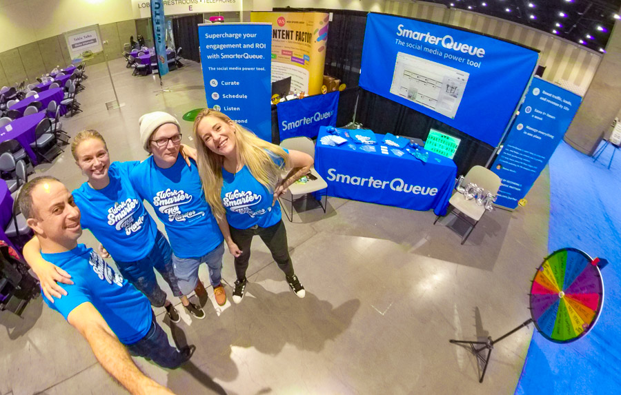 The SmarterQueue SMMW19 Team and our beautiful blue booth The SmarterQueue SMMW19 Team and our beautiful blue booth